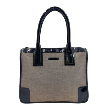 Gucci GG Canvas Enamel Leather Log Plate Black Beige Handbag Silver