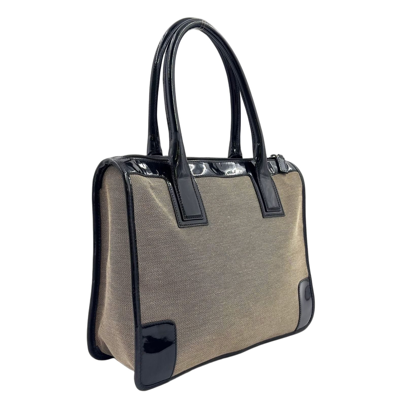Gucci GG Canvas Enamel Leather Log Plate Black Beige Handbag Silver — view 2