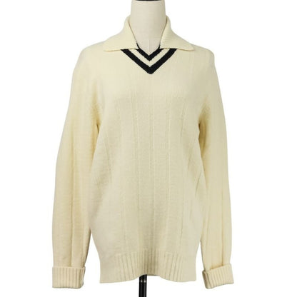 Hermes Collared Long Sleeve Stretch Wool Knit Sweater Size L White