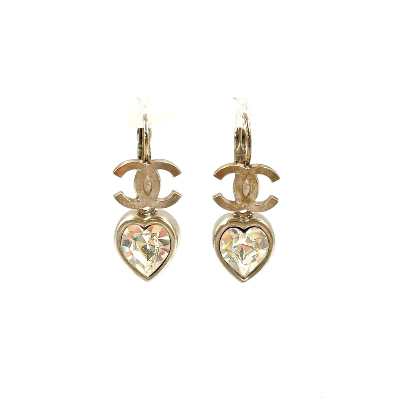 Chanel CC Logo Heart Metal Line Stone Silver Earrings
