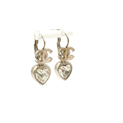 Chanel CC Logo Heart Metal Line Stone Silver Earrings — view 2
