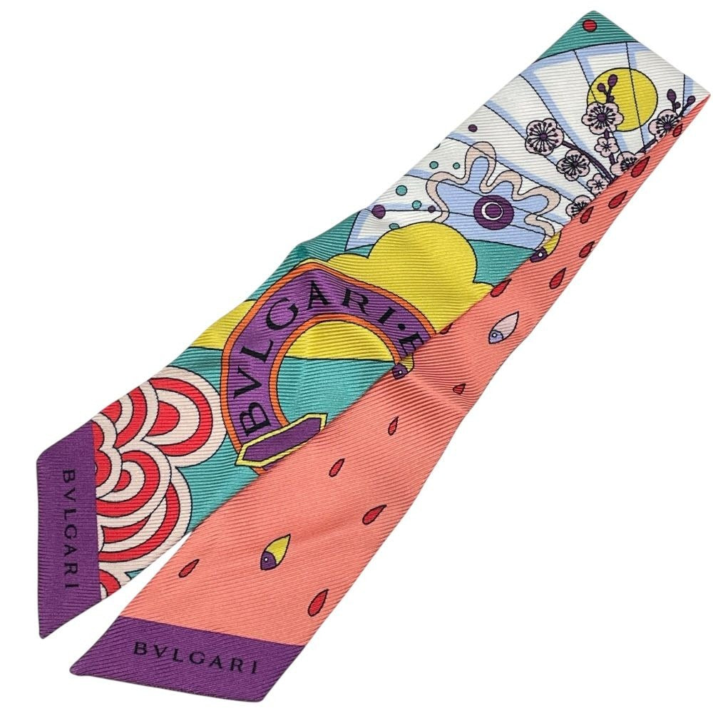 Bvlgari Lappi Scarf Twilly Ribbon All Over Pattern Purple Pink Multicolor