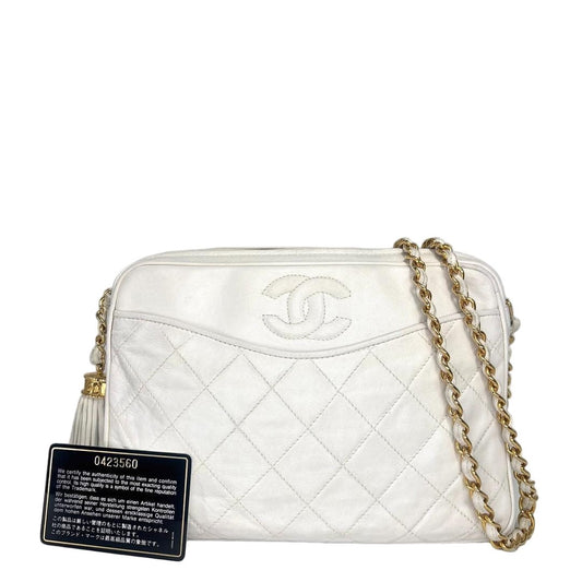 Chanel Quilted Lambskin Fringe Shoulder Bag White