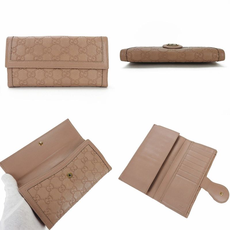 Gucci W Hook Long Wallet Fold Guccissima GG Pink Beige Leather Wallet Ladies