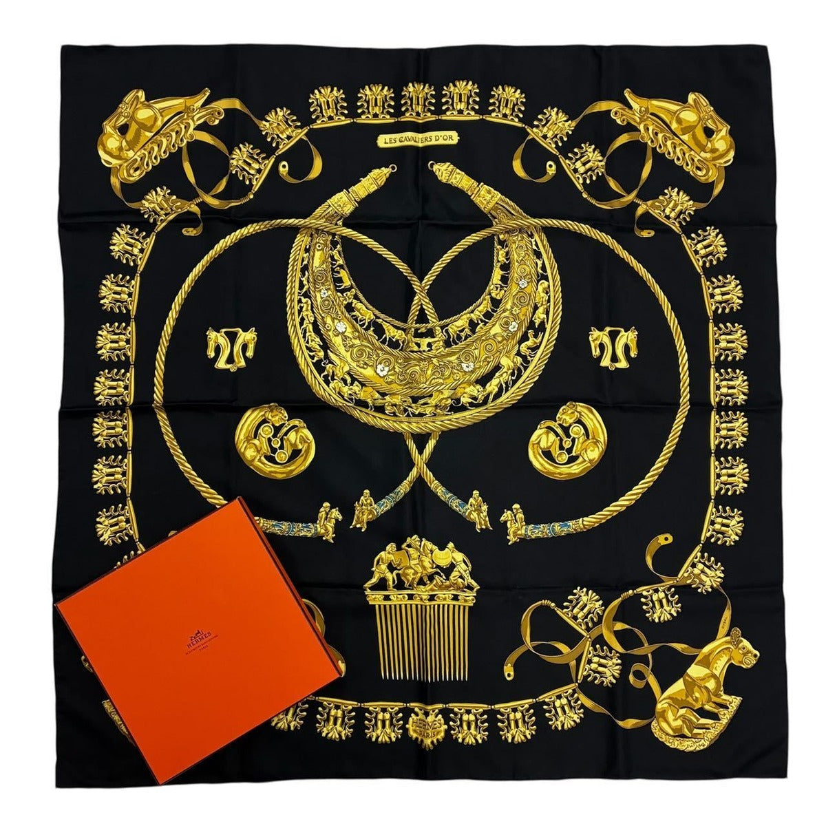 Hermes Carre 90 les Cavaliers D'Or Golden Knight Scarf Silk Gold Black