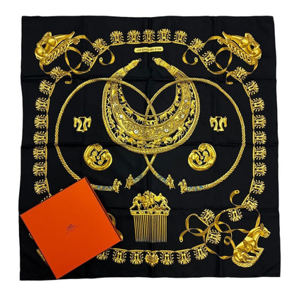 Hermes Carre 90 les Cavaliers D'Or Golden Knight Scarf Silk Gold Black