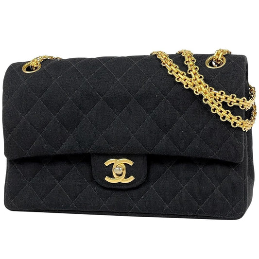 Chanel Quilted Double Flap Chain Shoulder Bag CC Logo Jersey Black