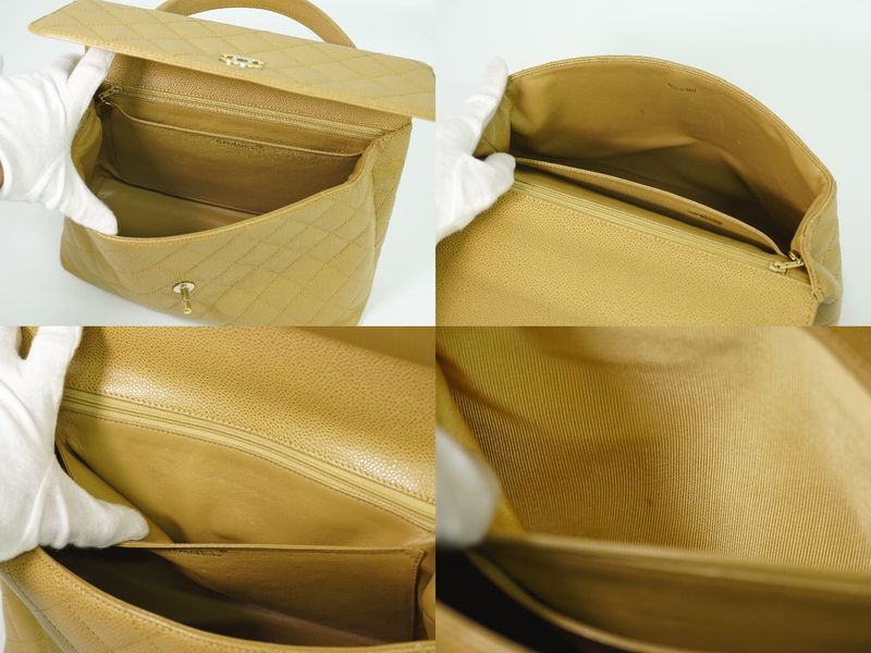 Authentic Chanel Coco Mark Matelasse Turnlock Handbag Caviar Skin Leather Beige