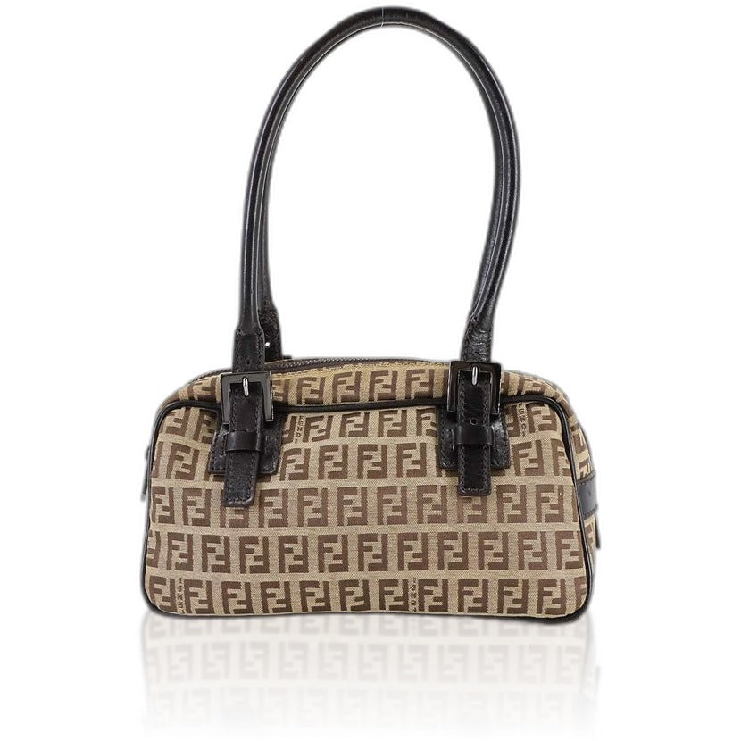 Fendi Zucchino Hand Bag Canvas Leather Beige Brown