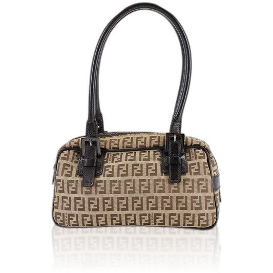 Fendi Zucchino Hand Bag Canvas Leather Beige Brown