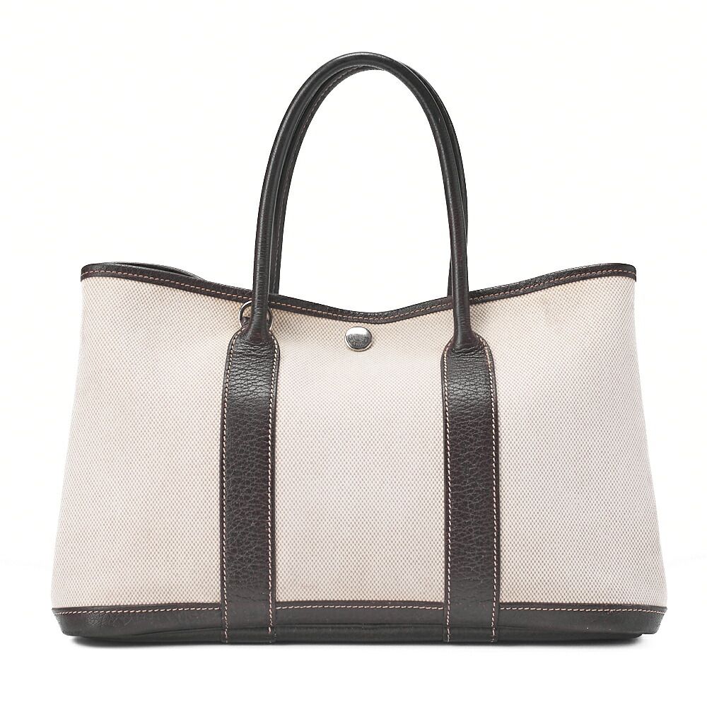 Hermes Garden Party TPM Handbag Toile Ash Ivory X Brown Silver Hardware Ladies