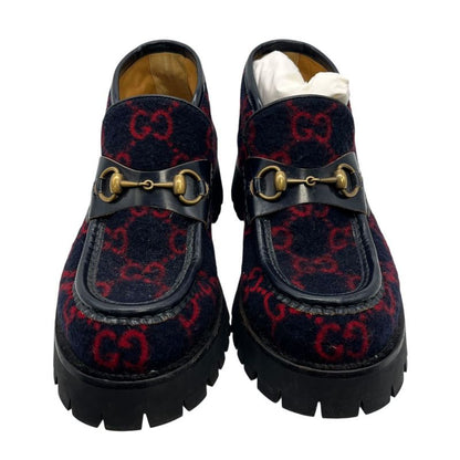 2704 Gucci Boots Wool Horsebit Loafers 6 1 2 598315 Navy Red GG Pattern Thick
