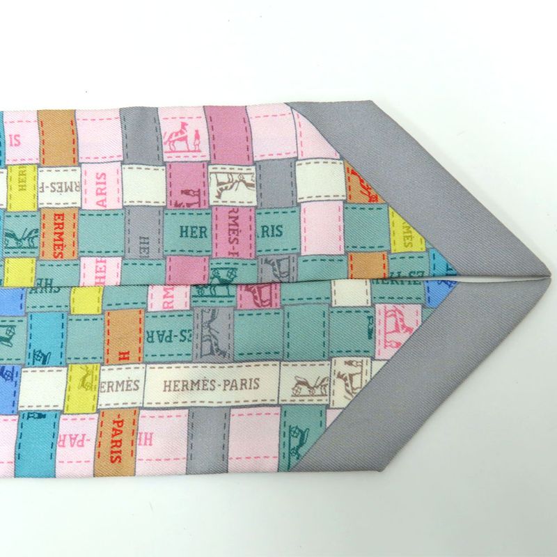 Hermes Twilly - Bolduc Check Scarf Gray - Multicolor - 100% Silk