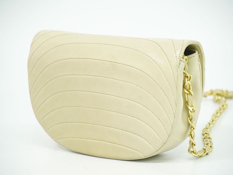 Authentic Chanel Coco Mark Chain Shoulder Bag Pochette Lambskin Leather Beige