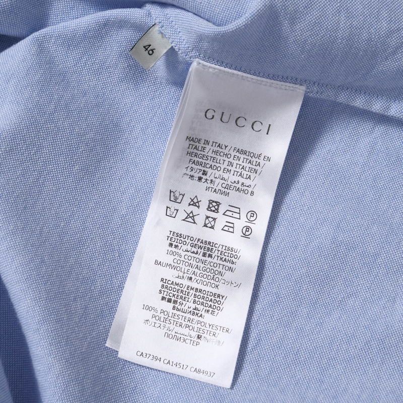 Gucci Short Sleeve Shirt Size 46 Open Collar Cotton Embroidered Blue Made In
