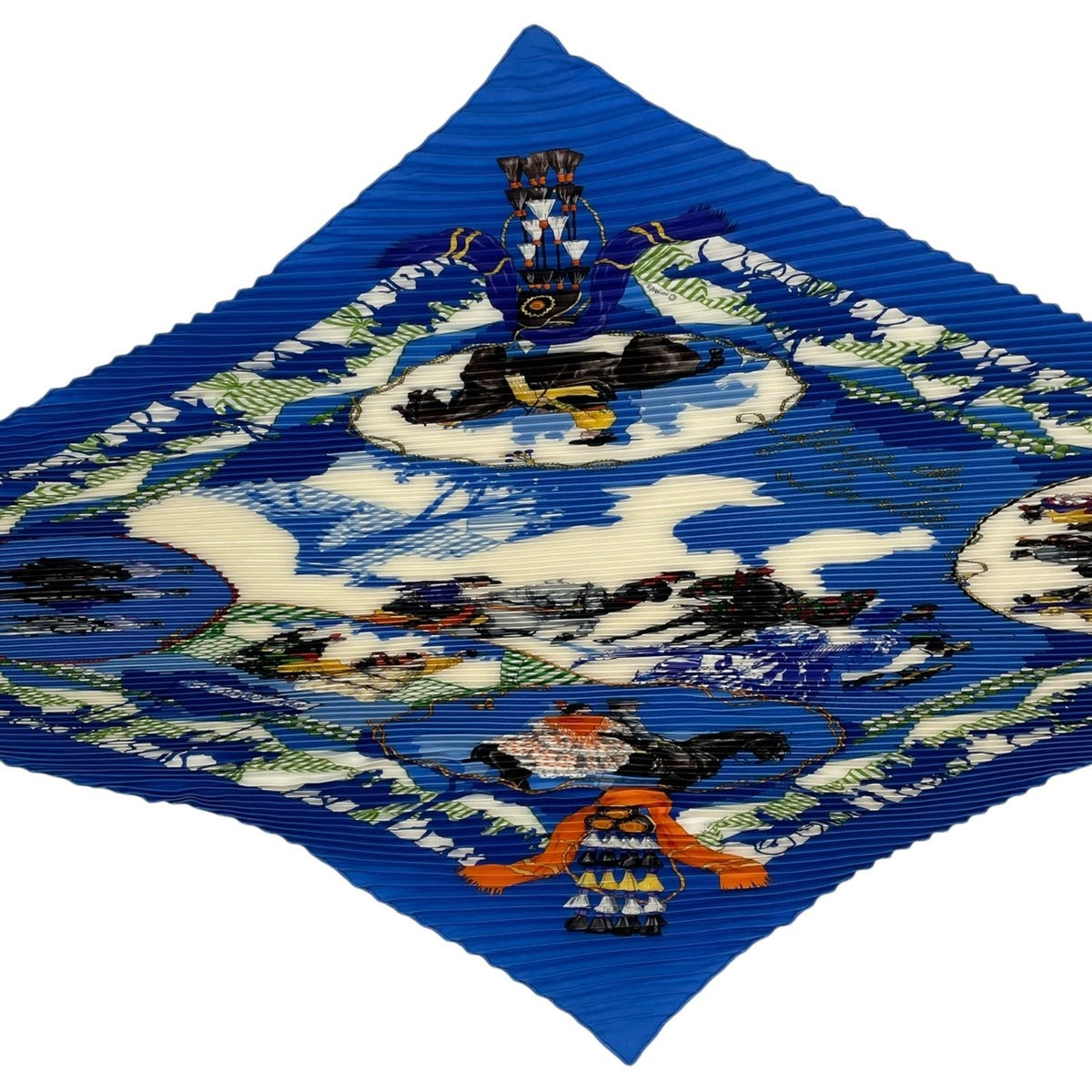 Hermes Scarf Pleated Silk Horse Knight Emblem Blue — view 4