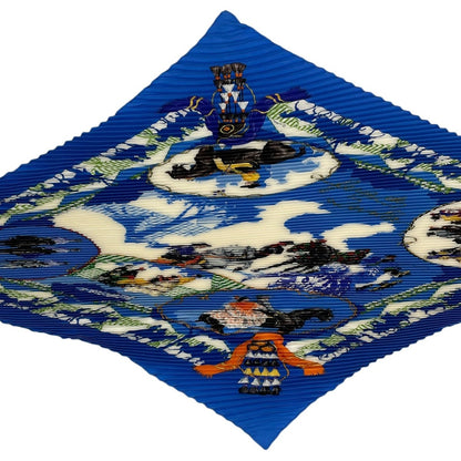 Hermes Scarf Pleated Silk Horse Knight Emblem Blue — view 4