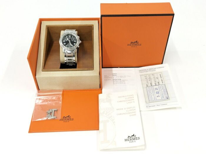 Hermes Clipper Ladies Watch Chronograph SS Quartz Black Dial Cl1310