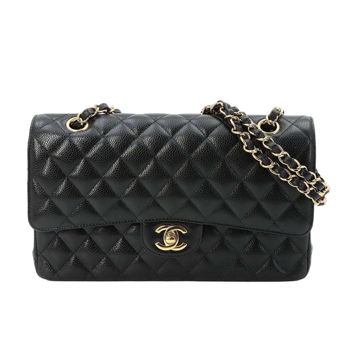 Chanel Quilted 25 Chain Shoulder Bag Caviar Leather Black Gold CC Logo