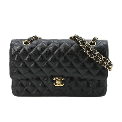 Chanel Quilted 25 Chain Shoulder Bag Caviar Leather Black Gold CC Logo