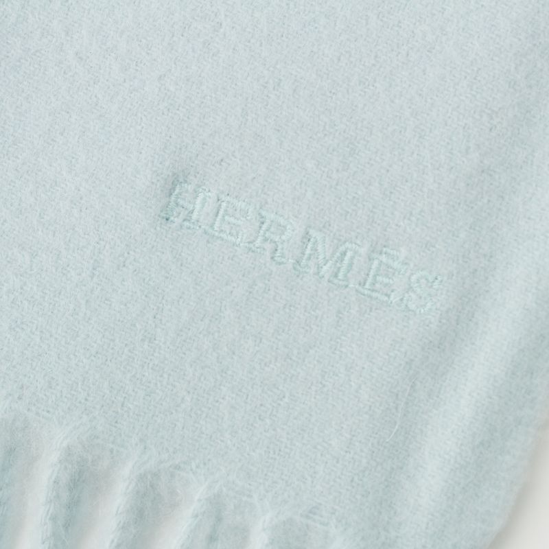 Hermes Cashmere Logo Embroidery Fringe Scarf Blue