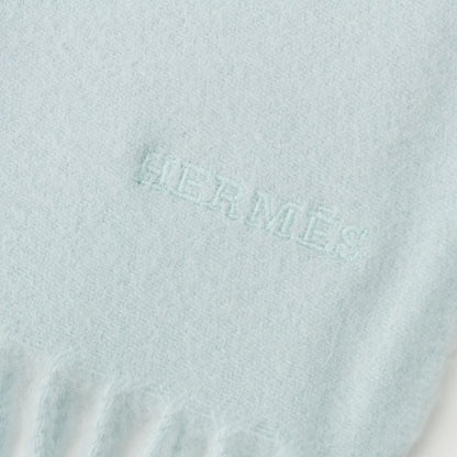 Hermes Cashmere Logo Embroidery Fringe Scarf Blue