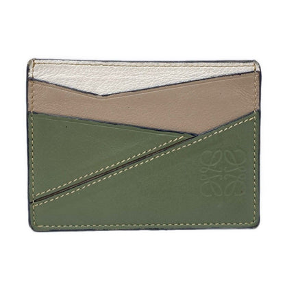 Loewe Card Case Puzzle Plain Holder Khaki Brown White Leather
