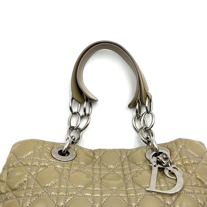 DIOR Tote Shoulder Bag Beige Patent Leather Canage Stitching Women Fashion