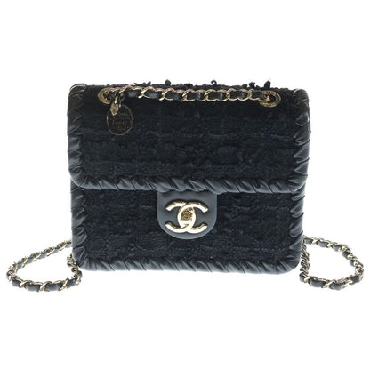 Chanel CC Logo Twi Domini Flap Shoulder Bag Chain Black Leather Gold