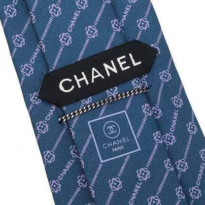 Chanel Necktie Coco Mark Camellia 9.5cm (3.74in) Silk Blue and Pink Flowers
