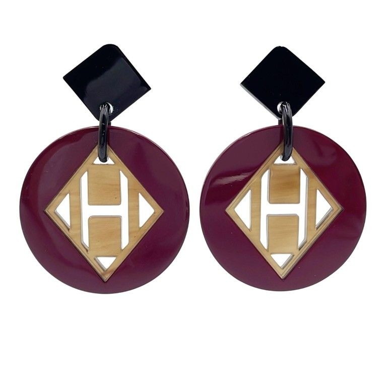Hermes Earrings Motif Purple Brown Buffalo Horn Lacquer Wood