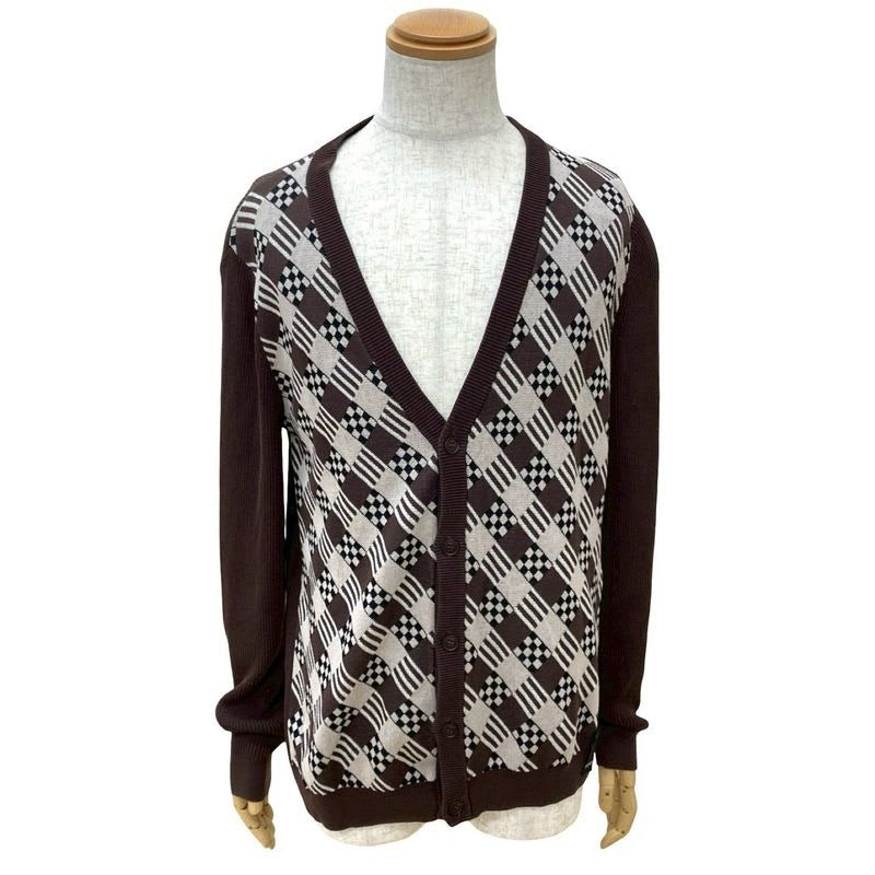 Fendi All-over Pattern Rib Knit Cotton V-neck Cardigan Size 48 Brown