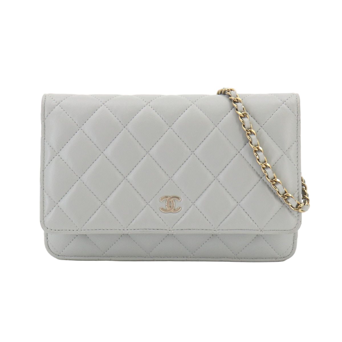 Chanel Quilted Classic Chain Wallet Lambskin Light Gray Gold