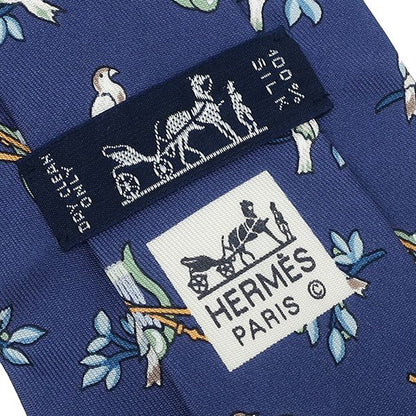 Hermes Necktie 9cm (3.54in) Silk Navy Sparrow Total Animal Pattern Bird