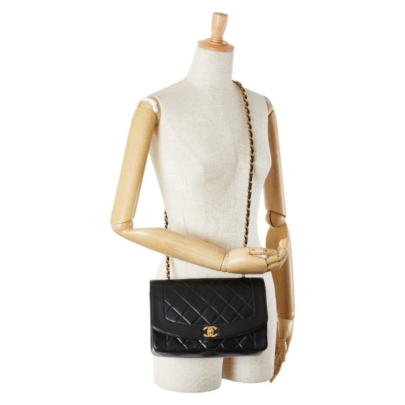 Chanel Matelasse Diana 25 Coco Mark Crossbody Chain Shoulder Bag Black Lambskin