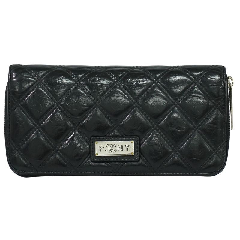 Chanel Paris New York Line Quilted Round Zipper Long Wallet
