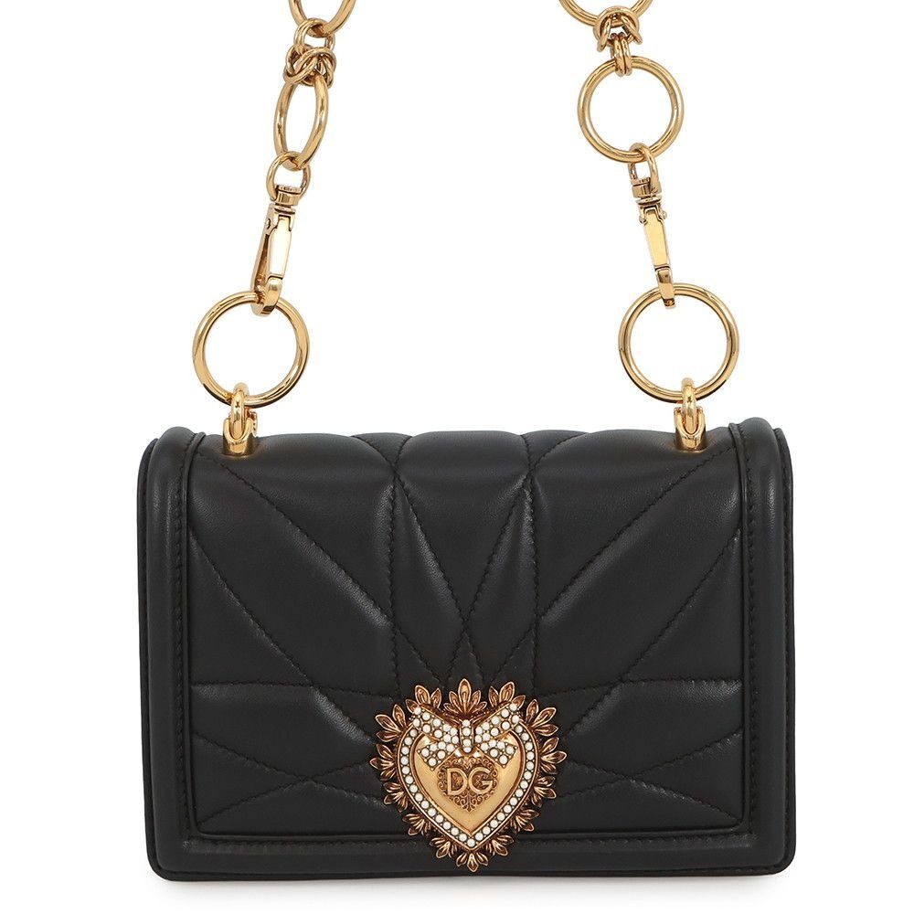 Dolce & Gabbana Chain Shoulder Bag Devotion Heart Quilted Leather & Black