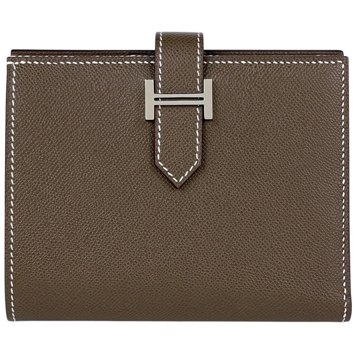 Hermes Bearn Compact Logo Vo Madame Bifold Wallet Leather Etoupe