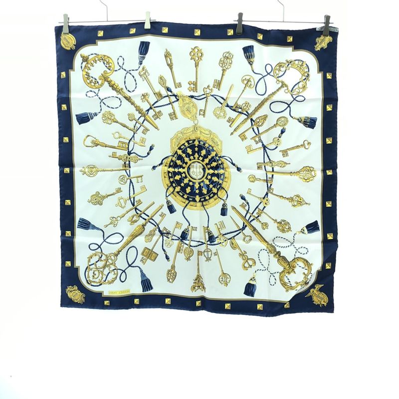 Hermes Carré 90 Les Cles Silk Scarf White Blue 90