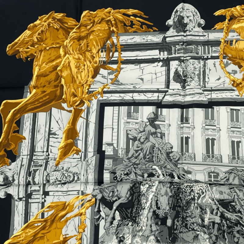 Hermes Scarf Silk Carre 90 Bartholdi Fountain Black And Gold