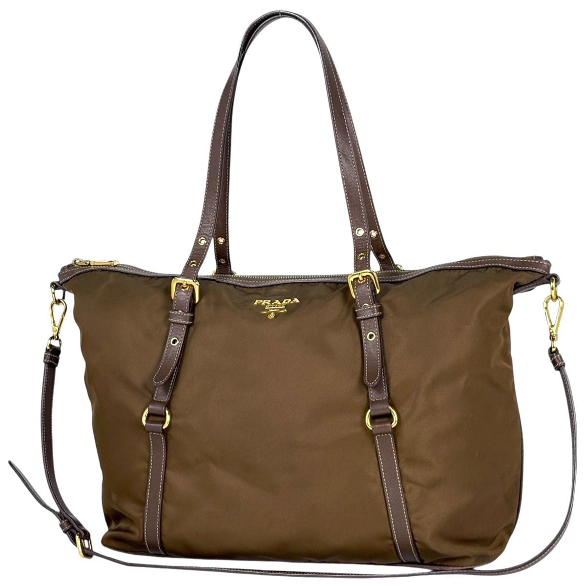 Prada Logo Tote 2-Way Shoulder Bag Nylon Brown