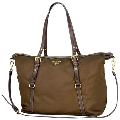 Prada Logo Tote 2-Way Shoulder Bag Nylon Brown