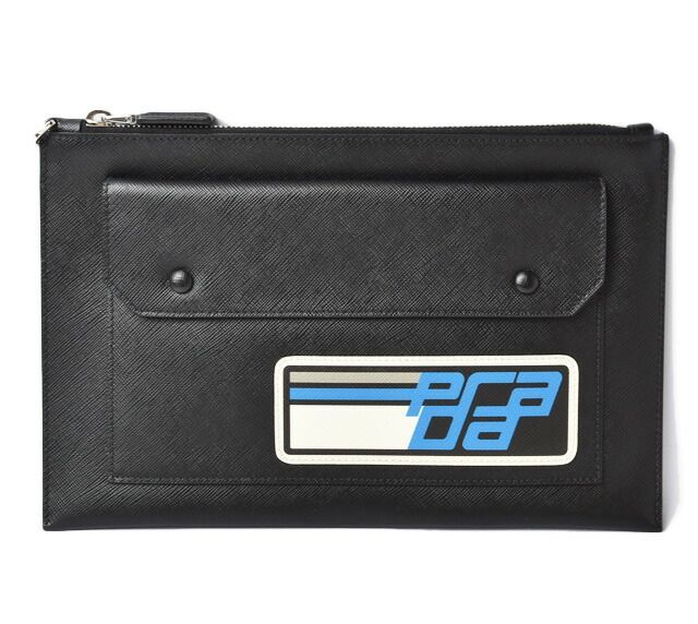 Prada Clutch Bag Travel Pouch Men's Prada Saffiano Patch Patchwork Black Azzurro