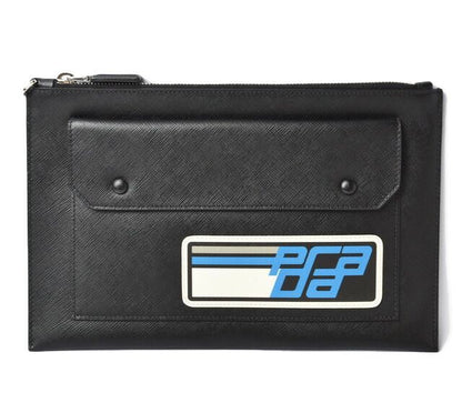 Prada Clutch Bag Travel Pouch Men's Prada Saffiano Patch Patchwork Black Azzurro