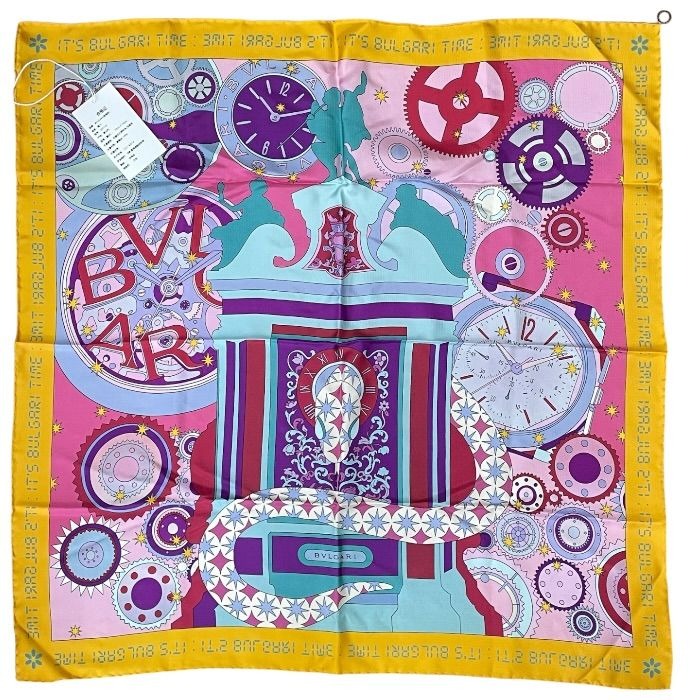 Bvlgari Scarf Shawl with Large Charm Silk Logo Yellow Multicolor