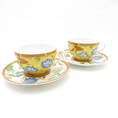Hermes Siesta Tea Cup & Saucer 2 Guest Pair Flower and Bird Pattern Fruit Hat