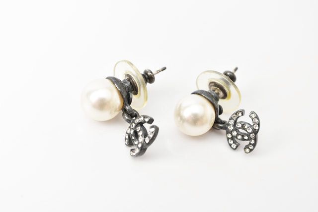 Chanel Earrings Chanel Logo CC Rhinestone Pearl Swing Coco Mark Gunmetal