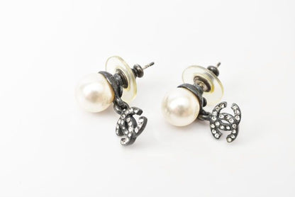 Chanel Earrings Chanel Logo CC Rhinestone Pearl Swing Coco Mark Gunmetal