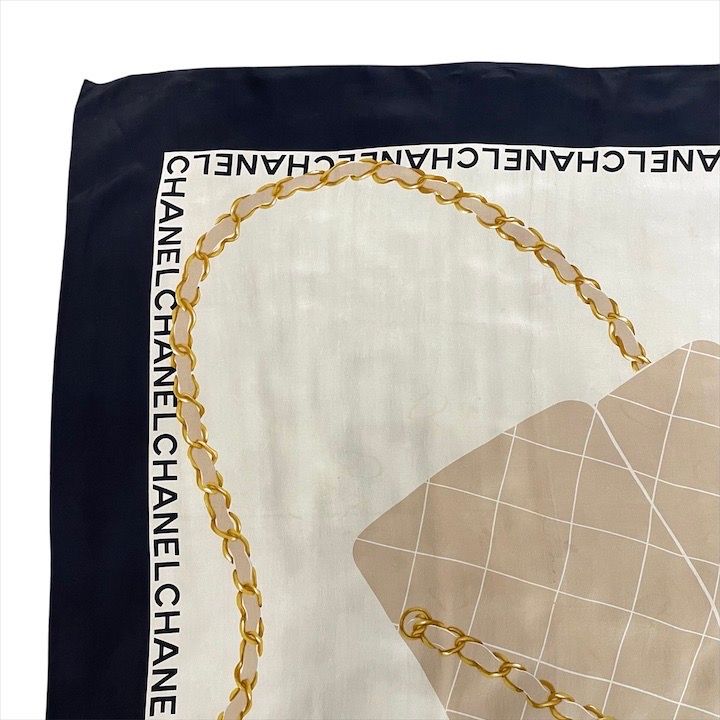 Chanel CC Logo Quilted Scarf Silk Black Beige Large
