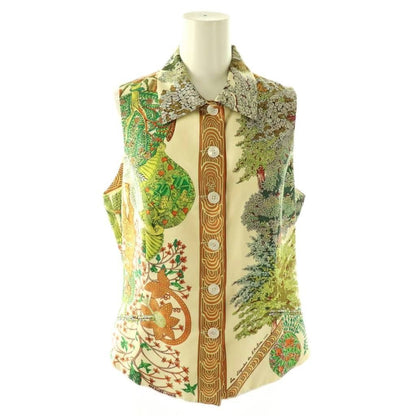 Hermes Floral Sleeveless Blouse Shirt 40 Cream Multicolor ES